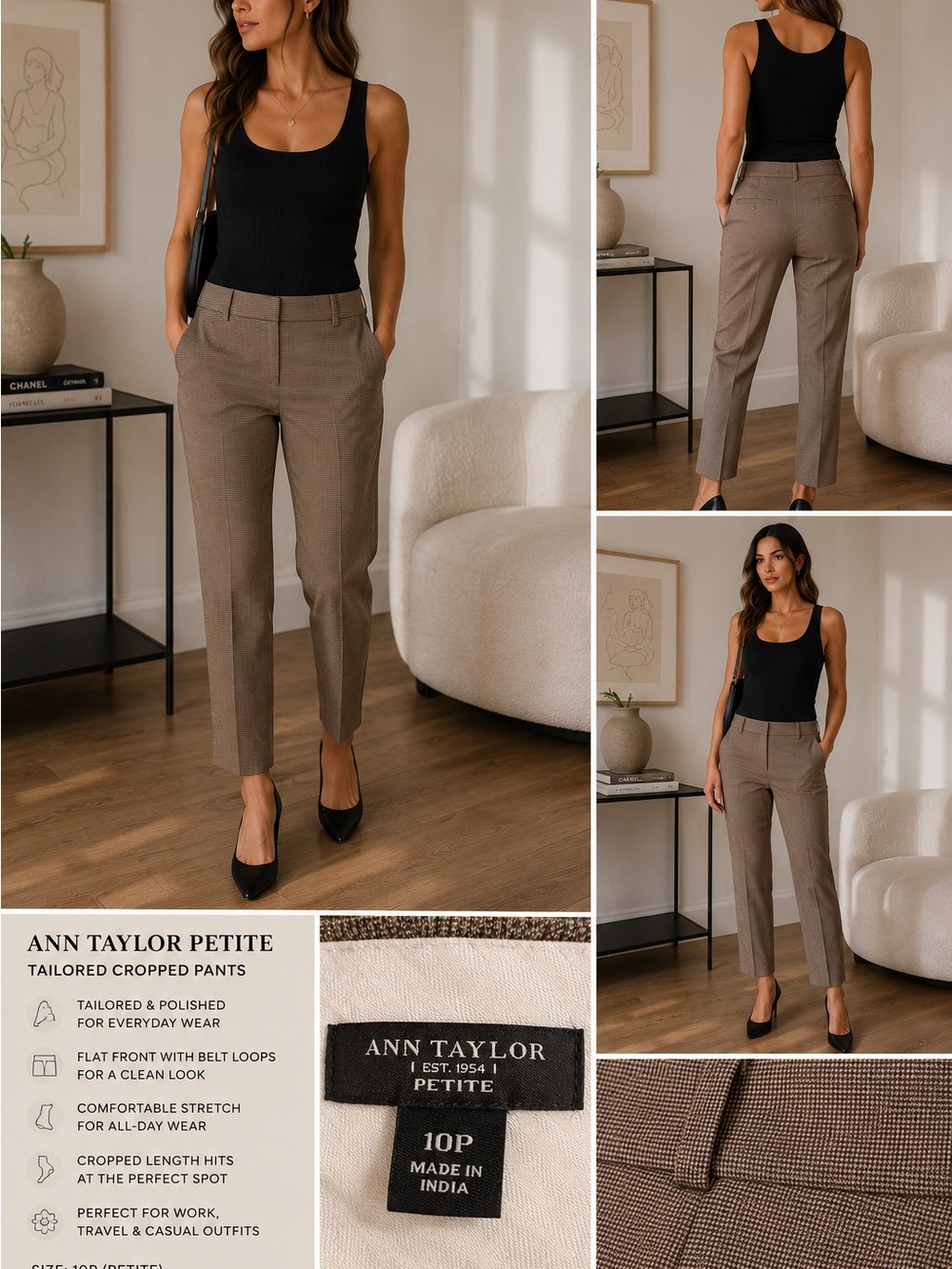 Ann Taylor Petite Tailored Cropped Pants in Taupe Houndstooth